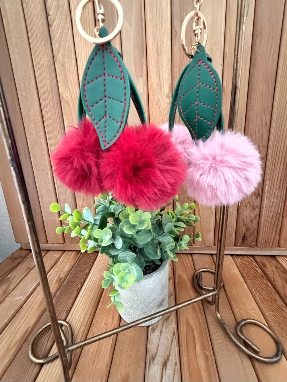 Fluffy Cherry Pom Pom Keychain Bag Charm, in Red or Pink